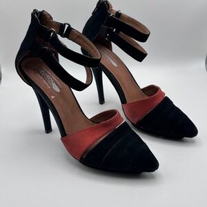 Jeffrey Campbell Free People Black Orange Suede Ankle Strap Pointed Toe Heels